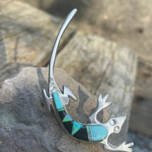 Signed Zuni Blue Fire Opal, Turquoise and Onyx Inlay Native American Liz… - Picture 3 of 10